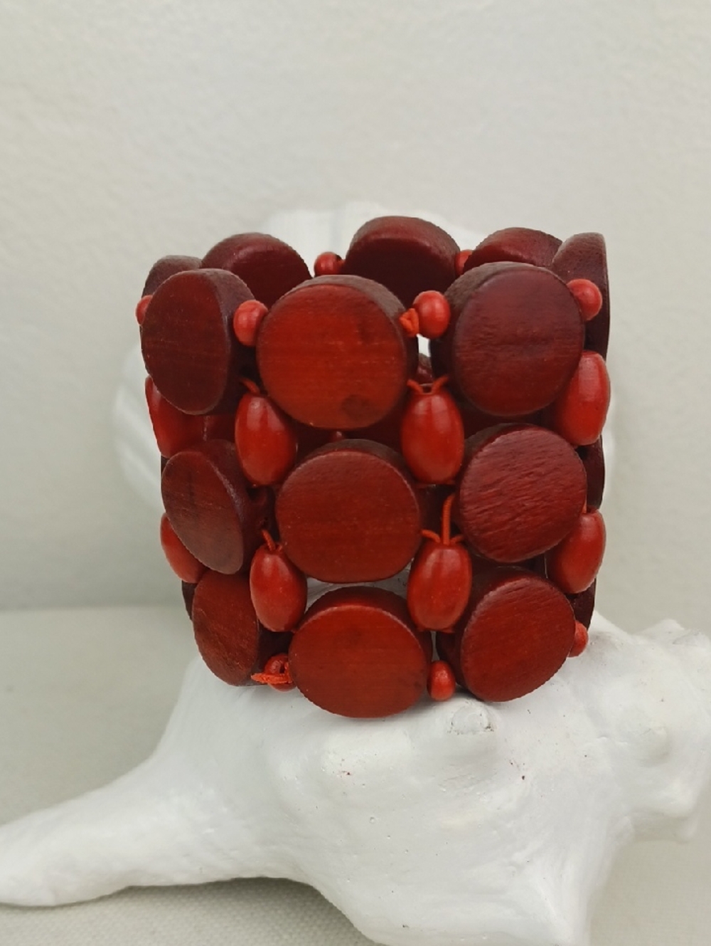 🌻3 For $15 Deep Rich Red Flat Wood Beaded Boho Stretch Bracelet